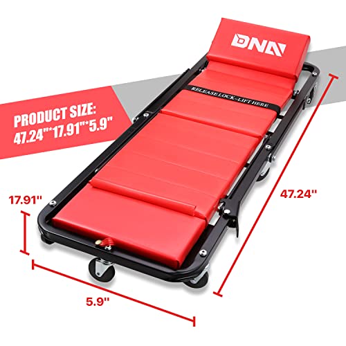 Image of DNA Motoring TOOLS-00192 48 inch 2 IN 1 Folding Rolling Garage Shop Creeper Roller Seat, 7 Pcs 2 inch Casters, 350 Lbs Weight Capacity, Red