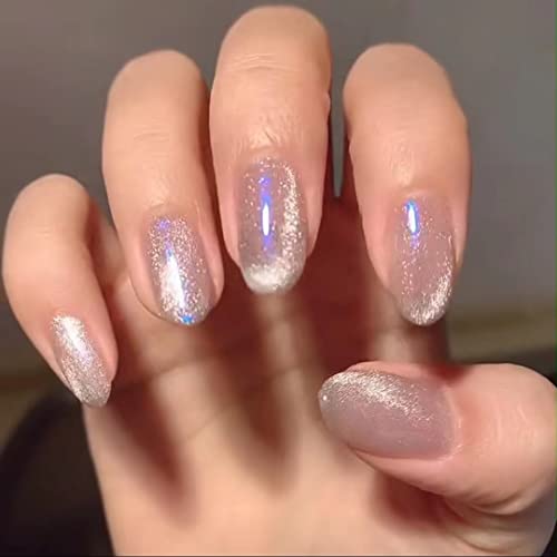 Dreamynini Nails Holographic Almond Press on Nails Medium Long Fake Nails Glue on False Nails Acrylic Gel Stick on Press on Nails for Women and Girls (With 2 Styles Nail Glue)