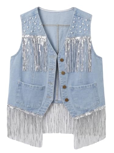 Ladyful Denim Fringe Vest Top Women Western Cowgirl Pearl Cropped