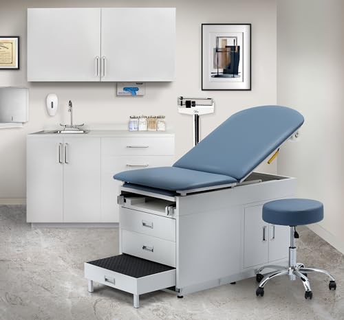 Viva Comfort Grande Medical Exam Table, Adjustable Exam Bed with Step Stool, Storage Cabinets, Foot Rest and Stirrups,47.64” L x 26.77” W x 29.13” H, Blue