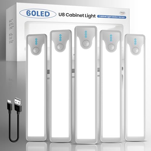 Homelist Under Cabinet Kitchen Lights, 5 Pack Battery Motion Sensor Night Light, Indoor Wireless Under Counter Lights USB Rechargeable Cabinet Lighting for Cupboard, Stair, Closet, Wall, 4500K (20cm)