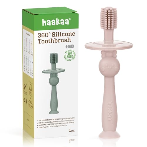 Image of haakaa 360 Baby Toothbrush with Suction Base - Dusty Pink | Gentle Cleaning for Infants, Gum Massage, BPA-Free, Food-Grade Silicone, Adjustable Safety Shield, Safe for Babies 6 Months+