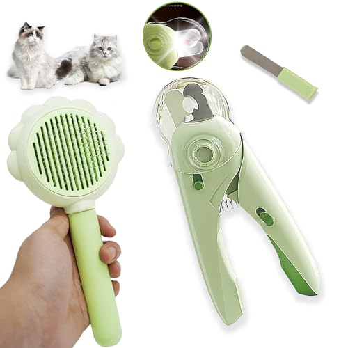 Self Cleaning Cat Brush for Shedding, Nail Clipper with LED Light and Nail File, Slicker Brushes and Nail Trimmer for Long Haired Cats (Not Included LR44 Button Cells), Grooming Kit, Cat Lover Gifts