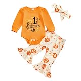 Socutebabe My First Halloween Baby Girl Outfit Newborn Pumpkin Onesie Bell Bottoms Infant 1st Halloween Clothes Costume Sets (My first halloween Beige, 0-3 Months)