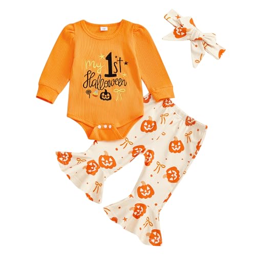 wybzd Halloween Baby Girl Outfit My 1st Halloween Romper Newborn Ribbed Onesie Top Pumpkin Bell-Bottom Pants Sets 1ST Halloween Beige Newborn
