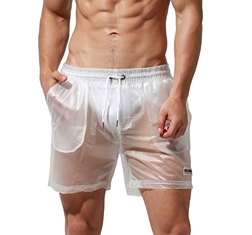 DESMIIT Men's Solid Transparent Fashion Rain Travel Clothing PU Shorts Board Shorts Transparent Large