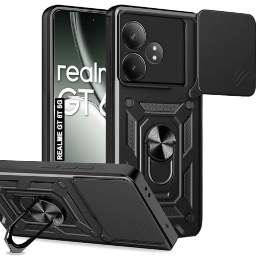 Image of AESTMO Polycarbonate Tough Armor Realme Gt 6T 5G Bumper Back Case Cover|Ring Holder & Sliding Camera Shield Cover|360 Degree Protection Back Case Cover for Realme Gt 6T 5G (Black)