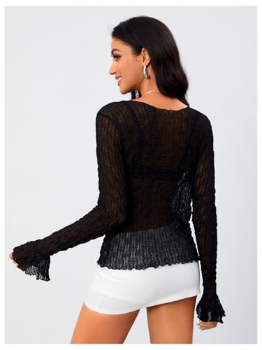 Milumia Women's Y2K Textured Lettuce Trim Tie Front Cardigan Long Sleeve Sheer Shrug Top Cover Ups2