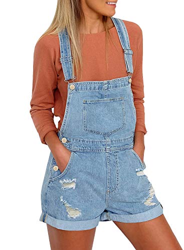 Utyful Womens Summer Adjustable Straps Denim Bib Overalls Shorts Rolled Cuffs Ripped Shortalls Medium Ripped-Light Blue