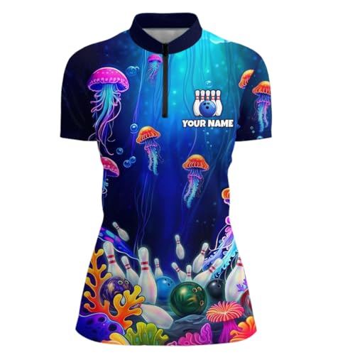 Custom Jellyfish Funny Undersea Ocean Theme Bowling Shirt for Men Women Bowling Team Jersey Bowling League Polo &1/4 Zip (US, Alpha, Small, 5X-Large, Regular, Regular, Women Quarter Zip)