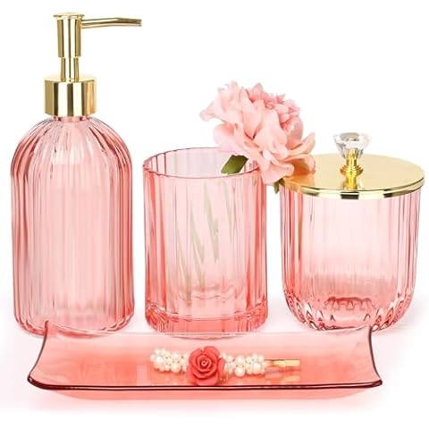 4-Piece Pink Glass Bathroom Accessories Set Cover