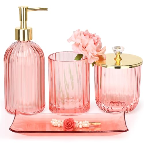 Haturi Bathroom Accessories Set, 4 Pcs Pink Glass Bathroom Accessories Sets Complete w/Lotion Soap Dispenser, Toothbrush Holder, Apothecary Jar, Vanity Tray, Bathroom Decor, Gift for Home Apartment by Haturi - Used condition - US$20.45