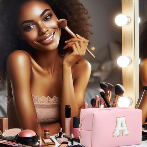 Birthday Gifts for Women Her,Travel Cute Makeup Bag,Large Capacity Cosmetic Bags for Women Makeup Pouch PU Leather Waterproof Cosmetic Bag (A, Pink)4