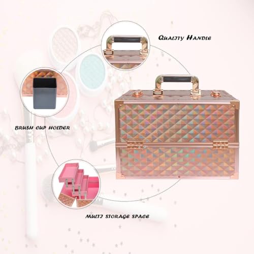 Image of Adson Professional Makeup Box Cosmetics Case Jewelry Organiser Vanity Make Up Storage Box Beauty Train Case Lockable with Keys (Marble Rose Gold)