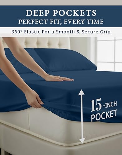 Image of LANE LINEN 100% Cotton King Size Sheets 100% Egyptian Cotton Sateen - Navy | King Sheet Set Cooling - 4-Piece Set, For A Luxurious Night's Sleep, For A Silky Hotel-Style Bed, Luxe Sheen, Plush