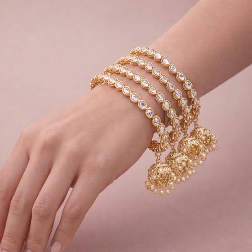 Image of Gold Plated Kundan Bangle Set for Women | Teardrop Stone Bangles with Pearl Beaded Latkan Charm Ethnic Wedding Jewellery | Bangle Set of 4 for Women & Girls