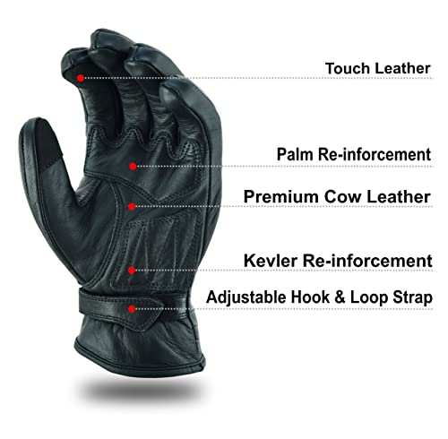 Moto5 Full Finger Leather Motorcycle Gloves For Men Touch Screen Gloves Premium Street Motorcycle Durable Protective Cruiser Biker Gel Black Leather Gloves (Black, Large) #TOP3