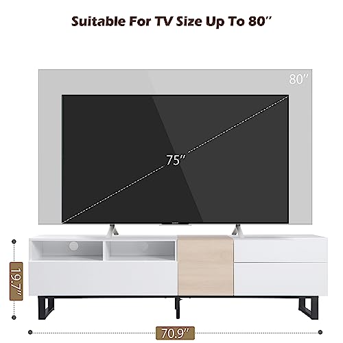 Merax Modern TV Entertainment Center with Cabinets, Drawers & Open Shelves, Wood TV Stand for TVs Up to 80” for Living Room Bedroom (White & Natural) - Image 4