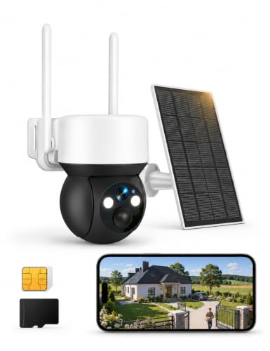 Surfola Bewakingscamera zonder wifi, 4G CCTV-camera met simkaart, draadloze buitencamera, werkt op zonne-energie, nachtzicht, koplamp, 2,5 K HD, lokale opname, 2-weg audio, 32 GB SD-kaart