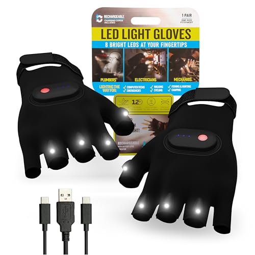 Klear Concepts 8-Light LED Flashlight Gloves for Men and Women, Open Palm Fingerless Gloves, Rechargeable Flashlight with 3 Modes, Work Light for Electricians, Fishing Tools, Camping Essentials