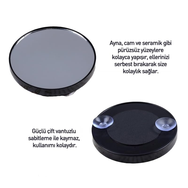 5X Büyüteçli Ayna, Vantuzlu Makyaj ve Traş Aynası, Net Görüntülü Taşınabilir HD Cep Aynası 8,8 cm. çap, Siyah Çerçeve