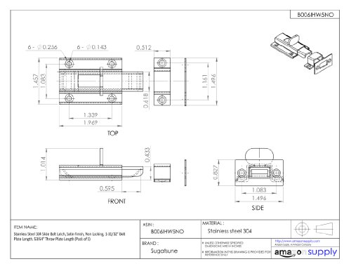 Stainless Steel 304 Slide Bolt Latch, Satin Finish, Non Locking, 1-31/32" Bolt Plate Length, 53/64" Throw Plate Length (Pack of 1)