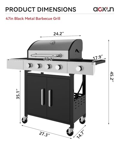 Aoxun 4-Burner Propane Grill with Side Burner, 49000 BTU Gas Grill, Stainless Steel Outdoor Grill with Cast Iron Grates & Side Tables for Backyard, Patio, Camping,Black