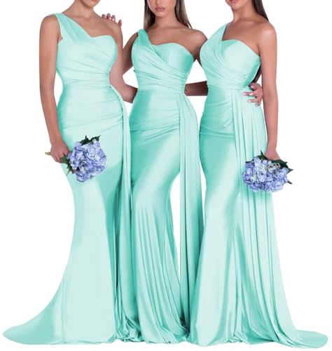 Image of One Shoulder Bridesmaid Dresses for Wedding Long Satin Bodycon Prom Dress Mermaid Formal Evening Gowns