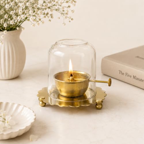 Image of eCraftIndia Akhand Diya with Glass Cover & Adjustable Bati | Decorative Oil Lamp for Home Mandir, Pooja Room & Festivals | Traditional Deepak for Aarti | Gift for Housewarming