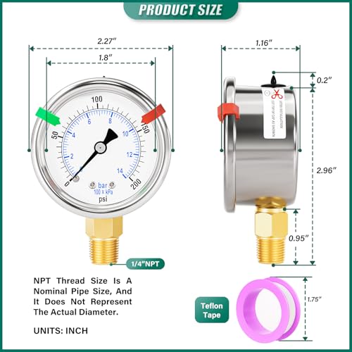 Image of 0-200Psi Stainless Steel Dry Low Pressure Gauge 1 /4 inch NPT 2 inch Dual Scale Dial, Lower Mount, Waterproof for Water Oil Air Well Pump, Tire Gas Pressure Test (with Range Mark Pointer)