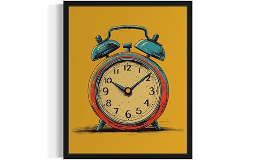 Cuadro Pop Art de reloj despertador retro, pintura clásica vintage de 8x10 con marco negro