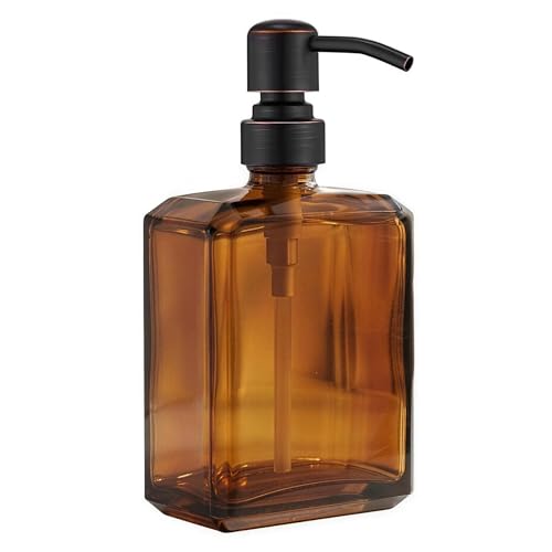 Image of Amber Soap Dispenser Square Bottle and Oil Rubbed Bronze Pump, Glass Dish Soap Dispenser with Stainless Steel Pump, 13.5 oz Lotion Dispenser for Bathroom, Kitchen Countertop