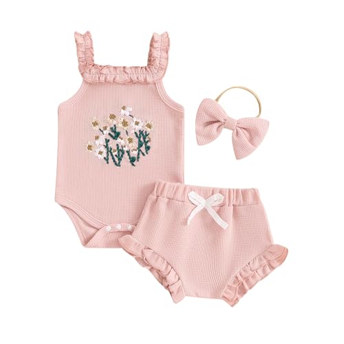 Gaono Newborn Baby Girl Summer Outfit Waffle Knit Sleeveless Cami Romper Ruffle Bloomer Shorts With Headband Boho Clothes (A-Pink, 3-6 Months)
