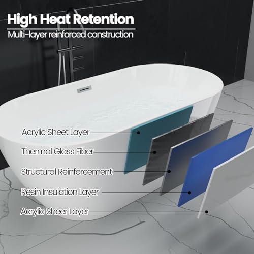 Image of 59 inch Acrylic Freestanding Bathtub, Deep Soaking Tub, Contoured