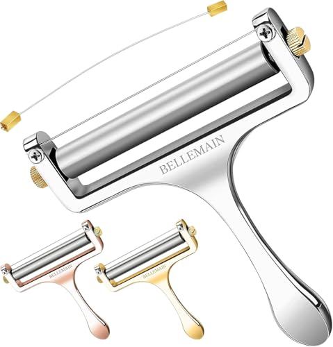 Bellemain Stainless Steel Wire Cheese Slicer with 2 Extra Wires – Handheld Cheese Cutter for Block Cheese, Adjustable Thick & Thin Slices for Cheddar, Gruyere, Raclette & Mozzarella (Silver)