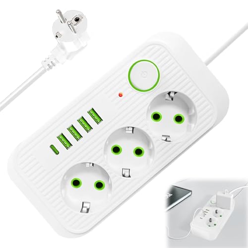 Dhqkqg Steckdosenleiste mit USB, 3 Fach Mehrfachsteckdose, 8 in 1 Steckdosenadapter mit Kindersicherung, 2 Meter Verl&auml;ngerungskabel, Steckdosenadapter, f&uuml;r Smartphone, Laptop