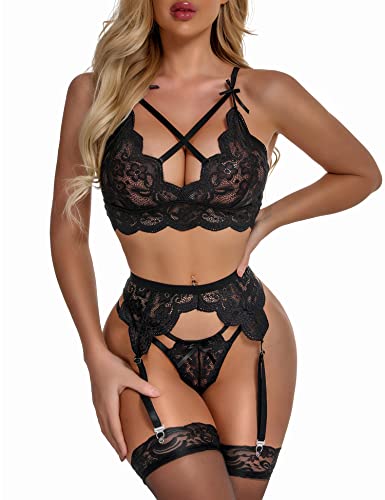 EVELIFE Damen Sexy Dessous Set mit Strumpfgürtel Spitze BH und Höschen Set Hohe Taille Strapsen Dessous Ohne Strümpfe (Schwarz,S)