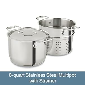 All Clad Specialty Stainless Steel Stockpot Multi Pot with Strainer 3 Piece 6 Quart Induction Oven Broiler Safe 500F Strainer Pasta Strainer with Handle Pots and Pans Silver