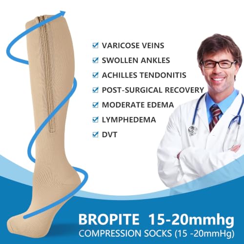 Image of bropite Zipper Compression Socks Women & Men|15-20mmHg closed Toe knee high | 2Pairs Calf Knee High 15-20mmHg closed Toe Compression Stocking suit for Walking Recovery, Pregnant, Nurse