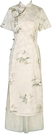 Chinese Cheongsam Dress Short Sleeve Long Dress Mandarin Collar Qipao Hanfu Costume for Women