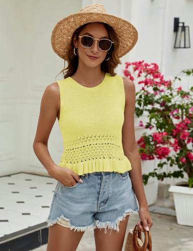 Image of VIMPUNEC Womens Crochet Crop Tank Tops Sleeveless Knit Sweater Vest Ruffle Hem Summer Top