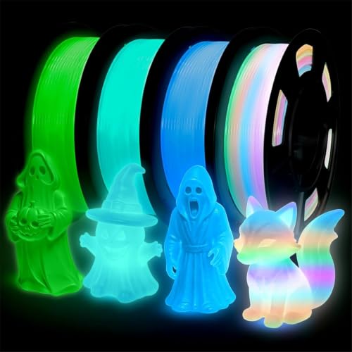 Frucindra Glow in The Dark PLA+3D Printer Filament PLA+Filament 1.75 mm Stronger Lighting Effect Glow Filament Multicolor for Most 3D Printers 4 Spools 250g Each - Green Blue Blue-Green Rainbow