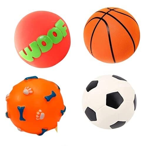PSK PET MART Natural Rubber Vinyl Light Weight Squeaky Ball Combo Toy for Small Puppy/Dogs (Basket + Woof + Bone Print + Foot Ball) Multicolor