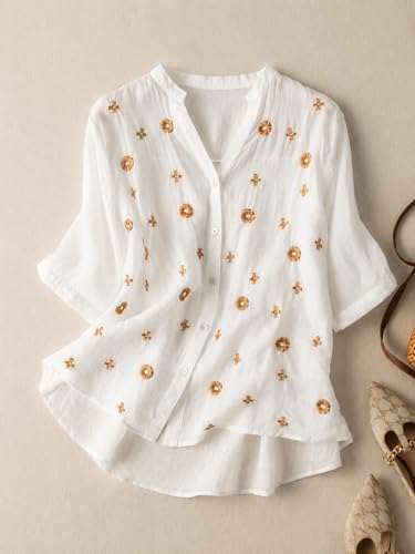 Image of RIEKA Womens Floral Applique Embroidered Fancy Top with Mandarin Collar Button Down Front Half Sleeves Relaxed Fit Casual Tunic Top for Women