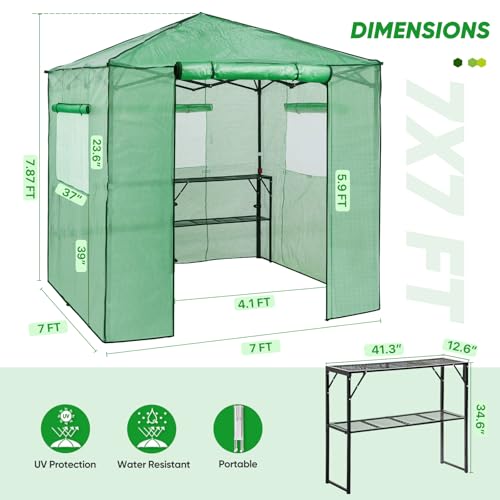 Image of EAGLE PEAK 7x7 Easy Setup Pop Up Greenhouse, 2 Folding Shelves, Clear /Green