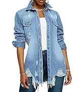 Guttear Women's Jean Jacket Long Sleeve Classic Distressed Fray Hem Tassels Denim Trucker Jackets
