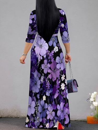 Image of Women Plus Size Long Sleeve V Neck Maxi Dress with Belt | Soft fabric relaxed fit three quarter sleeve v neck with pockets for party and daily wear