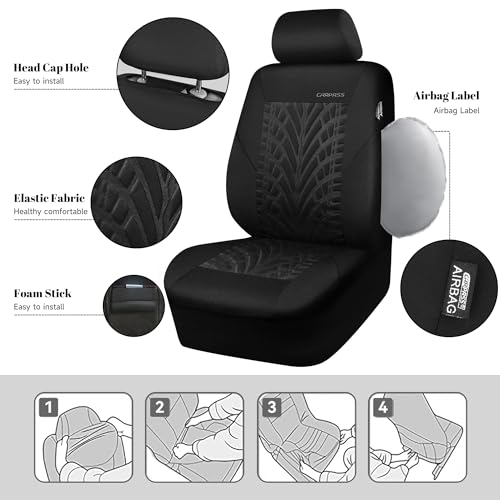 Image of CAR PASS Car Seat Covers Two Front Only for Car, 3D Tyre Print Automotive Interior Covers, Airbag Compatible, Quick Setup Universal Fit Seat Covers for Car, Truck, SUV(Black)