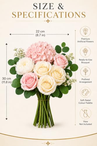 Image of Divyakosh Artificial Flowers for Vase (Vase Not Included) Artificial Flower for Vase, Flower Bouquet Gift, Blush Pink Hydrangea, Ivory Rose & White Peony Artificial Flower Arrangement for Living Room