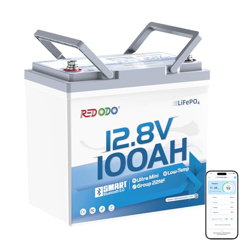Image of Redodo 12V 100Ah Bluetooth LiFePO4 Lithium Battery, Group 22NF Ultral-Mini Size RV Deep Cycle Battery with Low Temp Protection, Smart BMS & 1280Wh for RV Camping Trolling Motor Off Grid Use